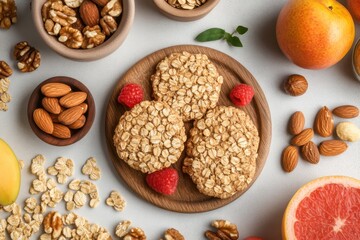flatlay of healthy snacks: nuts, fruit, and oatmeal cookies.