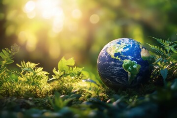 earth globe embraced by lush greenery under soft glowing light, symbolizing environmental harmony.