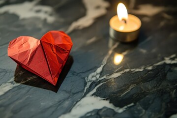 red heart-shaped origami on black marble, reflecting warm candlelight in a minimalist setting.