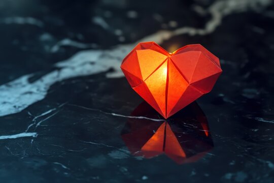 red heart-shaped origami on black marble, reflecting warm candlelight in a minimalist setting.