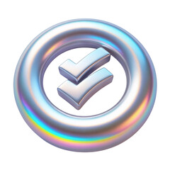 3D double Check inside a circle Icon PNG. Glossy Iridescent silver Glossy Rainbow Gradient Tick for Bright UI and Web Interfaces.