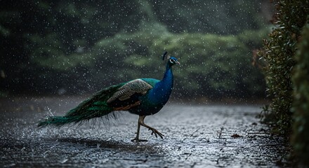 Obraz premium A side view of a peacock walking on a wet path, captured in a moment of heavy rain with water splashing around its feet.