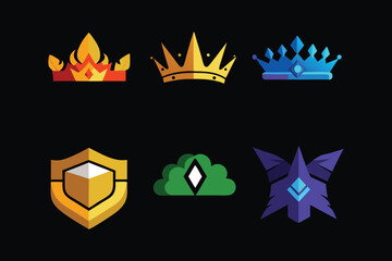 Obraz premium Collection of stylized game icons including crowns, a shield, and a geometric emblem, presented against a black background, representing royalty, protection, and digital gaming elements