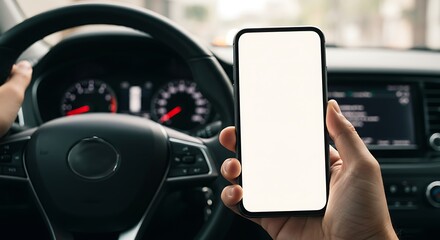 Person driving a car, holding a smartphone with a blank screen.