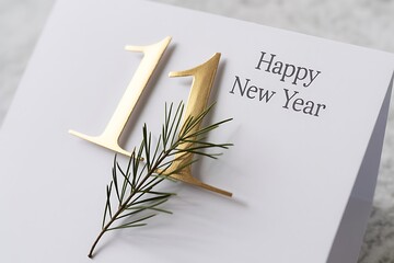 Wish someone a happy new year with this elegant card featuring gold numerals and a sprig of evergreen, perfect for seasonal greetings and festive projects