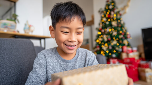 Happy and excited young boy opening a present on Christmas morning at home