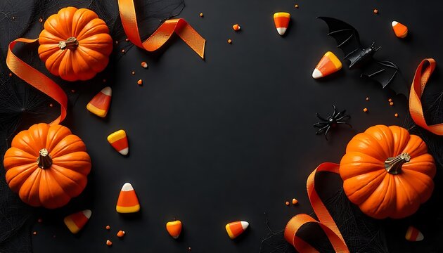 Festive Halloween flat lay featuring pumpkins, candy corn, bat, spider, and ribbon on black background - Powered by Adobe