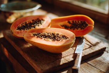 Sunlit Papaya Halves on Rustic Wooden Board