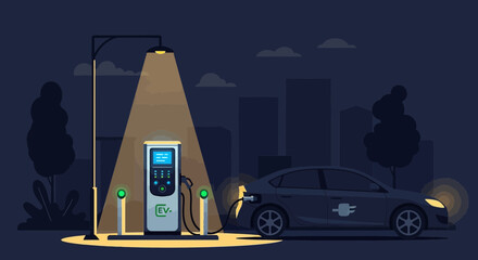 Dark Electric Car Charging at Night EV Station Under Street Lamp in City Background