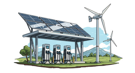 Multiple EV Charging Stations Under Solar Canopy with Wind Turbines in Green Landscape