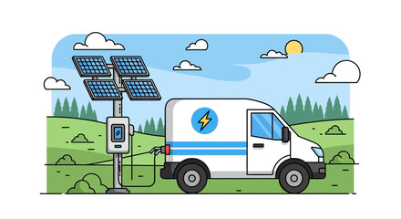 White Electric Van Charging at Solar Powered EV Station in Green Hilly Landscape
