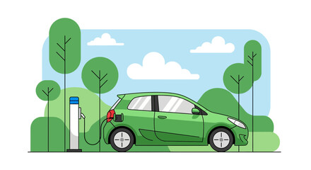 Green Compact Electric Car Charging at EV Station in Park Like Green Environment