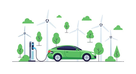 Green Electric Car Charging at EV Station Amidst Wind Turbines and Lush Trees Illustration
