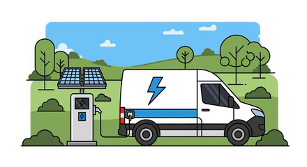White Electric Van Charging at Solar Powered EV Station in Green Landscape