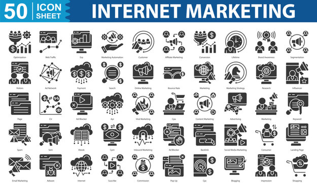 Internet Marketing Icon Set Collection. Containing  optimization, web traffic, erp, marketing automation, customer, affiliate marketing, conversion icon. simple glyph vector illustration