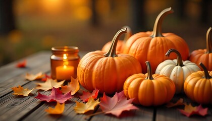 Cozy autumn evening scene with pumpkins, fallen leaves, and a glowing candle on a rustic wooden table