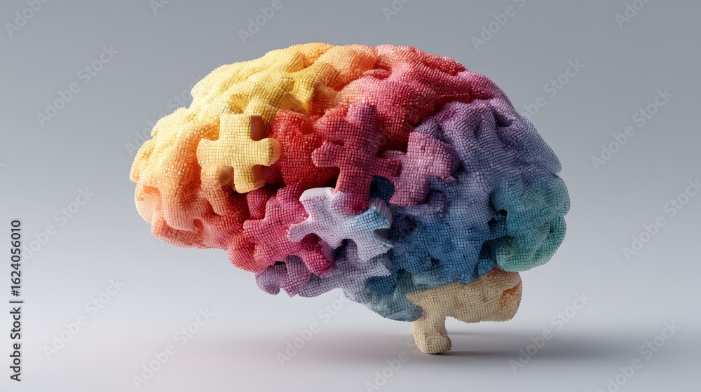 Poster colorful 3d puzzle brain model representing creative thinking and problem solving