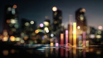 Vibrant bar graphs and pie charts on a screen with muted, colorful bokeh of urban high-rises behind 