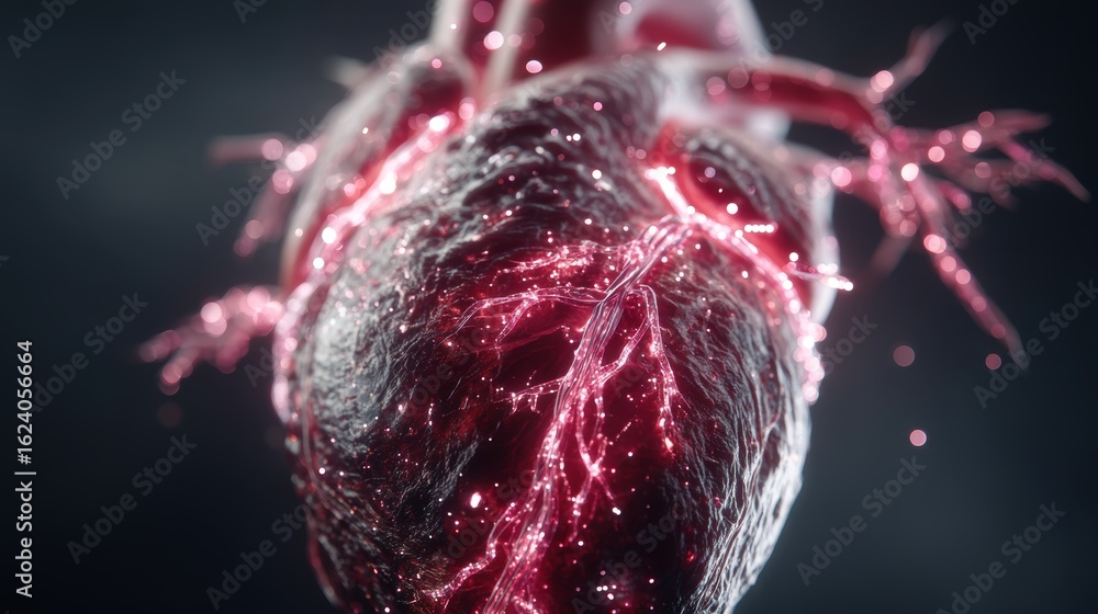 Poster realistic heart 3d model with bright veins and vascular structure in dark background