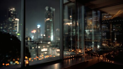 Real-time market data overlayed on screen with an out-of-focus nighttime city through large windows 