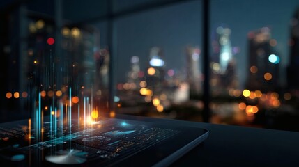 Aerial financial dashboard with sharp stock visuals blending with warm, abstract city lights outside an office window 
