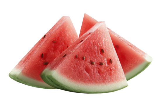 Three juicy watermelon slices, arranged in a slight overlap, showcasing the vibrant red flesh and visible seeds.  A verdant green rind border complements the slices