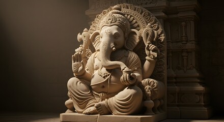 A majestic stone sculpture of the Hindu god Ganesha, with intricate details and a serene expression, symbolizing wisdom and success.