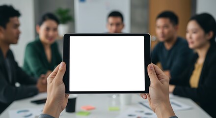 Business team meeting, person holding blank tablet screen.