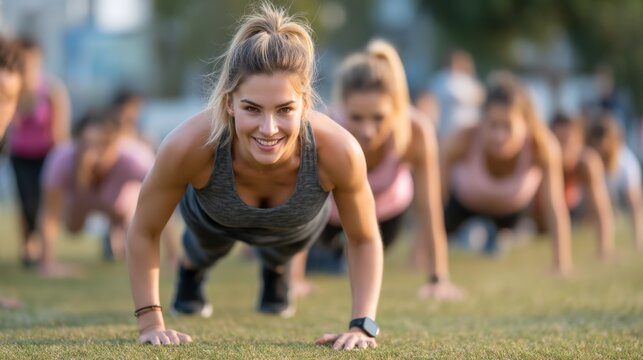 Group of Women Exercising Outdoors During Fitness Session on Green Grass Field