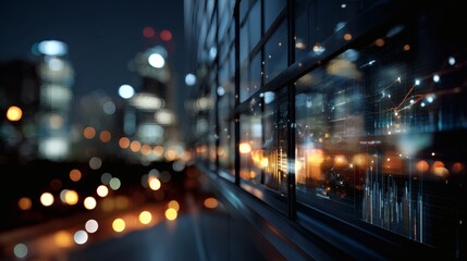 Obraz premium Detailed financial dashboard showing market trends with a glass wall revealing soft bokeh city lights at night 