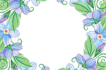 Horizontal frame, round space for text, square background, template of forget-me-not flower, foliage, Myosotis, copy space, botany, floral illustration. Hand drawn watercolor single isolated object