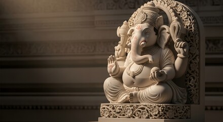 A stunning white marble sculpture of Ganesha, featuring fine details and a decorative arch, set in a serene and spiritual environment.