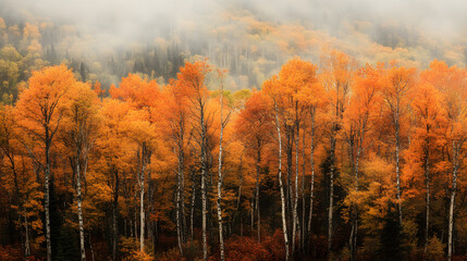Fototapeta premium A dense maple forest in autumn with golden and orange leaves against a misty mountain backdrop. A natural forest landscape illustration for a background.