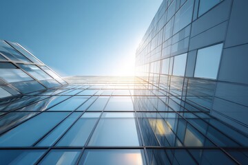 Fototapeta premium Modern office building facade, city view, sunny day, architectural perspective. Stock photo for business use