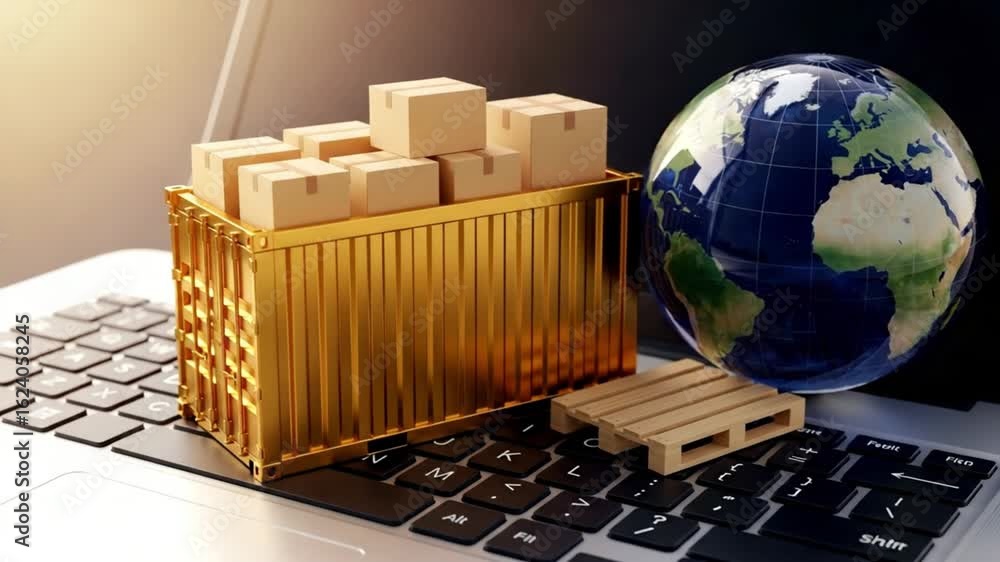 Poster golden container with boxes on laptop keyboard next to a globe and a wooden pallet object