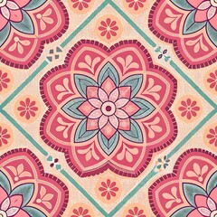  Seamless vintage-inspired floral mosaic in warm pink, orange, and red tones with geometric symmetry.