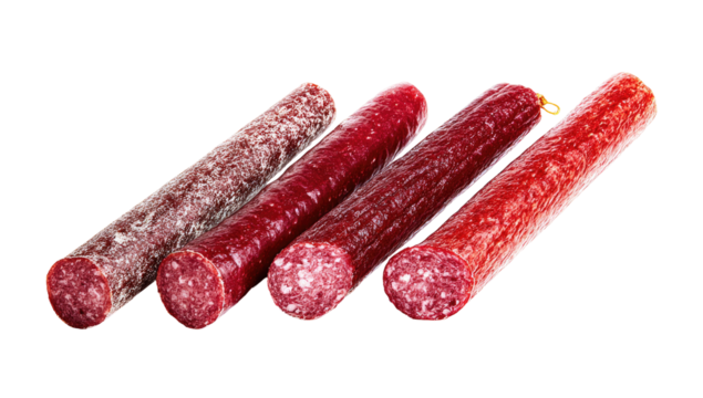Four cured sausages arranged in a row.  Slices show the meaty interior.  A slightly mottled reddish-brown hue