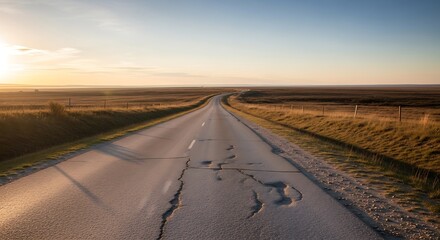 Fototapeta premium Winding cracked road leading into the sunrise over a vast and open countryside landscape