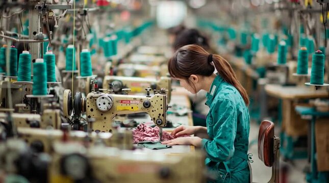 Female Seamstress Working in Garment Factory with Sewing Machine