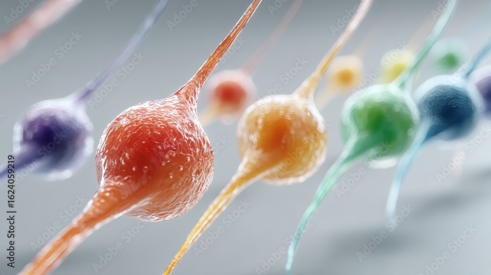 Poster colorful neurons with branching axons and dendrites on a gray background