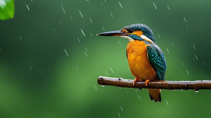 A Vivid Kingfisher Perched on a Branch During a Rain Shower