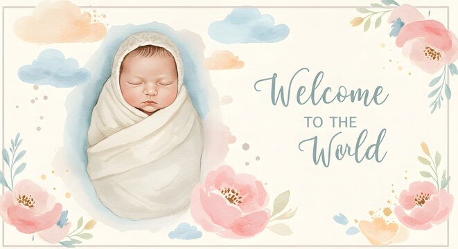 Sweet "Welcome to the World" card with a watercolor sleeping newborn and soft floral elements.