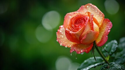 Close Up of a Dew Covered Orange and Pink Rose with Green Bokeh Background