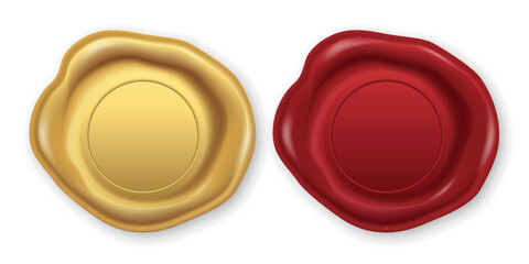 Vector 3d Realistic Wax Seal Set, Isolated. Red, Gold Vintage Wax Stamp. Antique Sealing Wax Emblem. Retro Envelope Closure. Classic Heraldic Insignia. Wax Badge for Invitation, Certificate