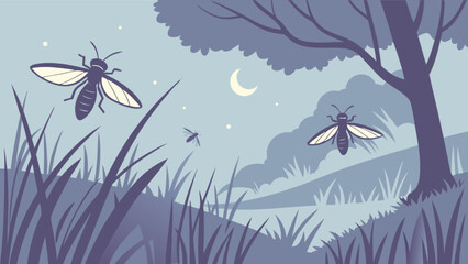 Obraz premium Illustration of fireflies flying in the night with a moon and trees, isolated on white background the fireflies are glowing and the scene is peaceful