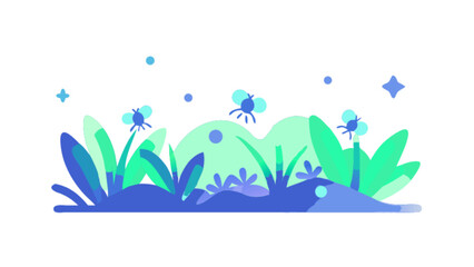 Illustration of a vibrant meadow with flying insects, featuring colorful plants and flowers isolated on white background