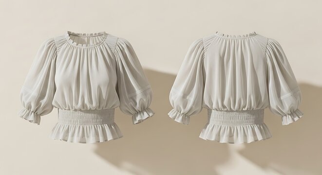 Front and back views of a woman's light gray blouse with a ruffled neckline, puff sleeves, and a smocked peplum waist.