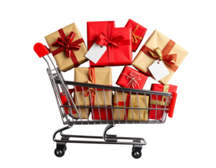 Top-Down View of Gift-Filled Shopping Cart with Assorted Boxes and Tags, Red and Gold Theme – Isolated – AI Generated