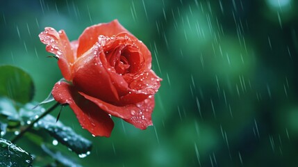 Red Rose in the Rain Closeup of a Single Rose Blossom with Water Droplets