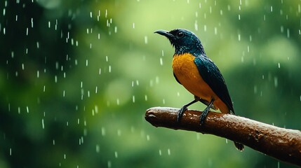 Small Blue And Yellow Bird Perched On A Branch In The Rain